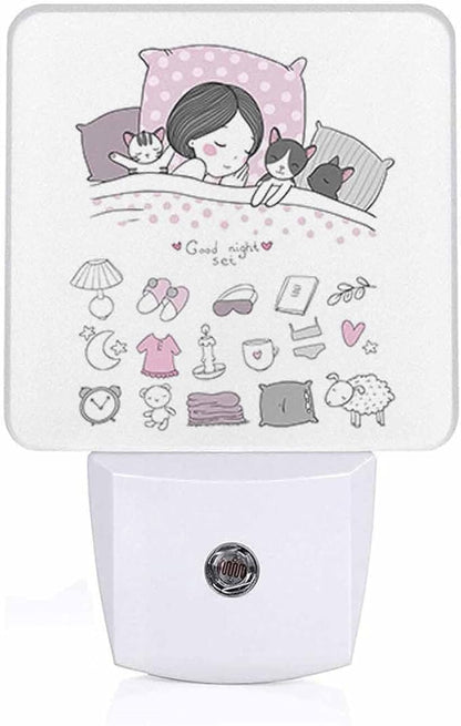 LED Night Light,Girl Cats Sleep in Bed Good Night Sweet Dream Bed Time LED Night Light Plug into Wall with Dusk to Dawn Light Sensor White Energy Efficient Nightlight for Bedroom Hallway