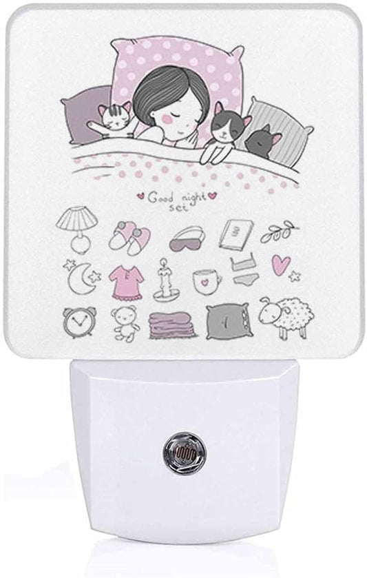 LED Night Light,Girl Cats Sleep in Bed Good Night Sweet Dream Bed Time LED Night Light Plug into Wall with Dusk to Dawn Light Sensor White Energy Efficient Nightlight for Bedroom Hallway