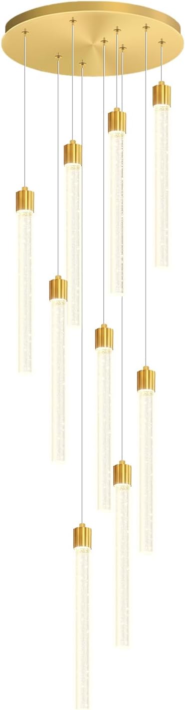 Modern 9-Lights Gold Crystal Column Chandeliers for Entrance Dimmable LED Pendant Lighting Hanging Lights for Dining Room Bedroom Foyer Staircase Living Room
