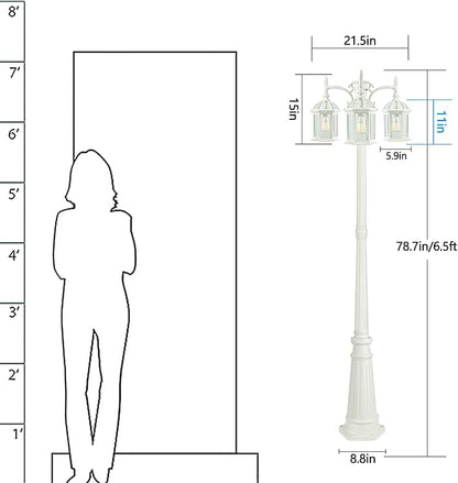Dusk to Dawn Outdoor Lamp Post Light Birdcage, 3 Head Waterproof Outside White Street Light Pole with Clear Glass Shade for Yard Garden Patio Path Driveway