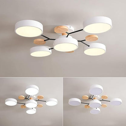 Dimmable LED Flush Mount Ceiling Light Fixture with 3000K-6000K Light Color Adjustable,40W 30Inch Chandelier Modern Wooden Ceiling Lamp for Bedroom Kitchen,5-Lights Indoor Lighting White Pendant Light