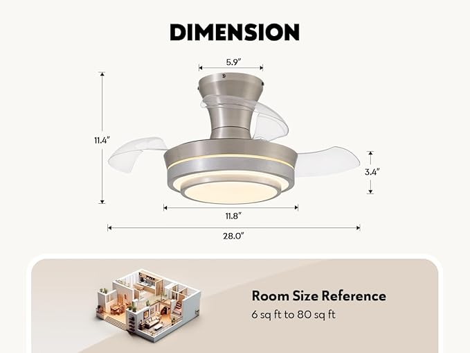 Retractable Small Led Ceiling Fan with Light and Remote 28 Inch Low Profile Brushed Nickle Modern Fandelier for Bedroom Living Room Dimmable 6 Speed Reversible Smart Ceiling Fan