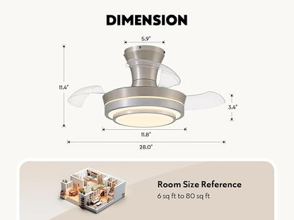 Retractable Small Led Ceiling Fan with Light and Remote 28 Inch Low Profile Brushed Nickle Modern Fandelier for Bedroom Living Room Dimmable 6 Speed Reversible Smart Ceiling Fan