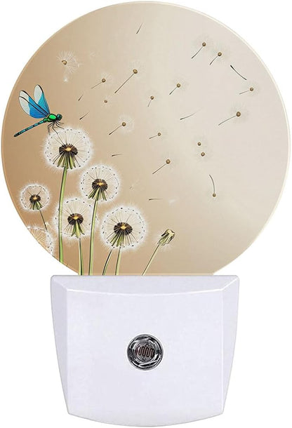 Dandelion Dragonfly Plug in Night Light Auto Light Round Lamps Energy Saving Gift for Women Men Friends