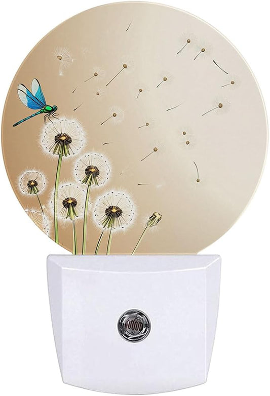 Dandelion Dragonfly Plug in Night Light Auto Light Round Lamps Energy Saving Gift for Women Men Friends