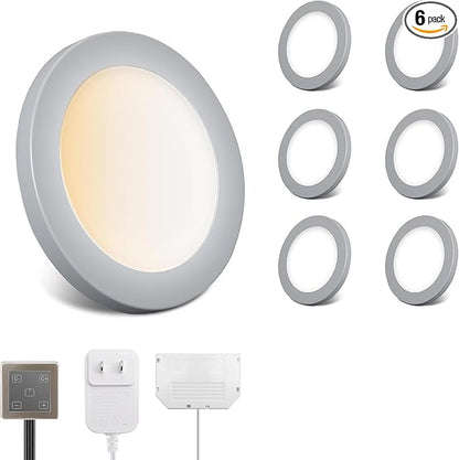 V4light LED Puck Lights 6 Pack, 6mm Ultra-Thin Plug in Under Cabinet Lighting with Touch Dimmer, Adjustable Color Temp(2700K-6500K), Easy Installation for Kitchen, Pantry, Closet, Bedroom (Grey)