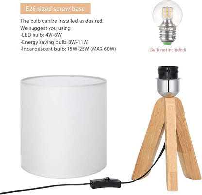 HAITRAL Small Bedside Table Lamp - Wooden Tripod Nightstand Lamp for Bedroom, Living Room, Office, Farmhouse, Home with Fabric Shade, White