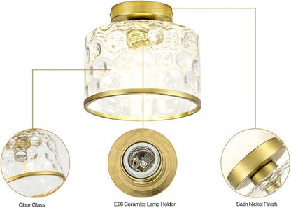 Zlepmlla Gold Flush Mount Ceiling Light with Clear Hammered Glass lampshade, Farmhouse Ceiling Lights Fixture in Satin Brass for Kitchen Bathroom, Bulb not Included