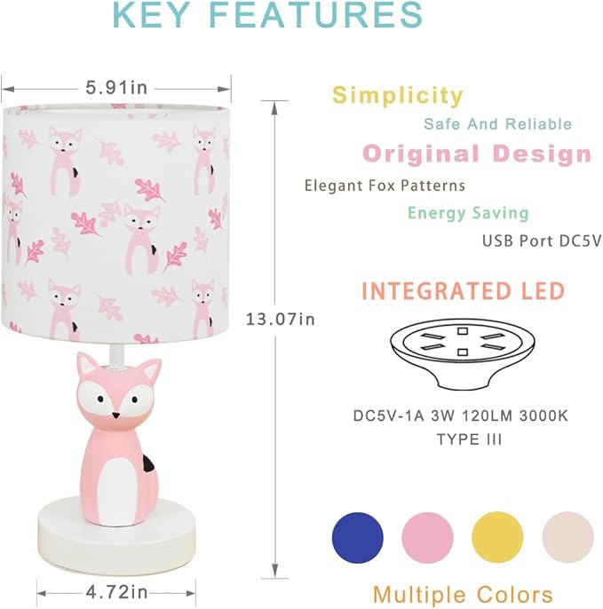 Fox LED Table Lamps with USB Port DC5V,Set of 2,Pink Kids Table Lamp,Night Light for Kids Room,Nursery,Bedroom,Kitchen Counter,Gameroom,Φ5.91×H12.88IN,Hand-Made