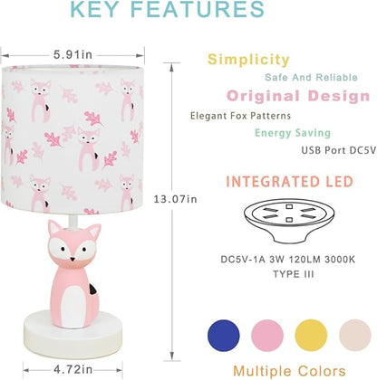 Fox LED Table Lamps with USB Port DC5V,Set of 2,Pink Kids Table Lamp,Night Light for Kids Room,Nursery,Bedroom,Kitchen Counter,Gameroom,Φ5.91×H12.88IN,Hand-Made