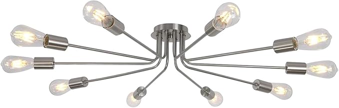 10 Lights Sputnik Ceiling Light Fixture Brushed Nickel Semi Flush Mount Light Ceiling Lamp for Living Room Foyer Dining Room Kitchen Hallway Cafe