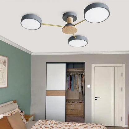 3-Lights LED Ceiling Light Fixture,26 Inch Modern Ceiling Lights Flush Mount Wooden 24W Dimmable Chandelier for Living Room Bedroom Kitchen,3000K/4000K/6000K Grey