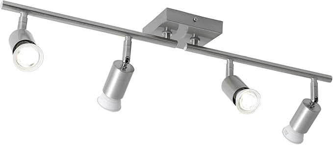 4-Light Nickel Track Lighting Kit, Adjustable GU10 Ceiling Spotlight Fixture with Rotatable Heads, Modern Flush Mount for Kitchen Island, Hallway, Living Room (Bulbs Not Included)