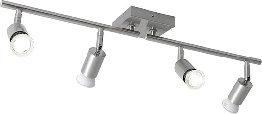 4-Light Nickel Track Lighting Kit, Adjustable GU10 Ceiling Spotlight Fixture with Rotatable Heads, Modern Flush Mount for Kitchen Island, Hallway, Living Room (Bulbs Not Included)