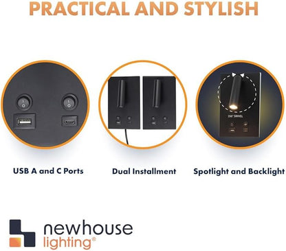 Newhouse Lighting 5 in. W x 9 in. L Vera Spotlight Reading Light in Matte Black with USB-A and USB-C Charging Ports NHRL-VE-BLK, Bedside Lamp for Nightstands, Space-Saving Office Desk Accessory