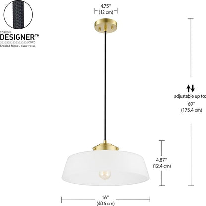 GLOBE Electric 67000098 1-Light Pendant Light Fixture, Brass Finish, Frosted Glass Shade, Black Braided Fabric Cord, Living Room Pendant Light, Kitchen Island Lighting, Hanging Lights for Bedroom