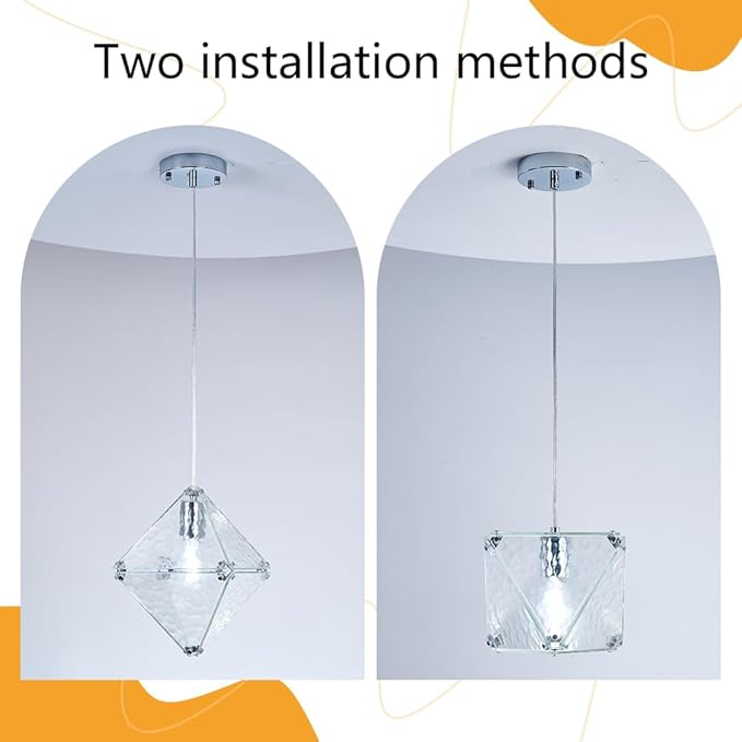 Modern Geometric Pendant Light Water Ripple Textured Glass Chrome Finish Square Diamond Shape, Adjustable Height Hanging Pendant Lighting for Kitchen Island, Dining Room, Entryway