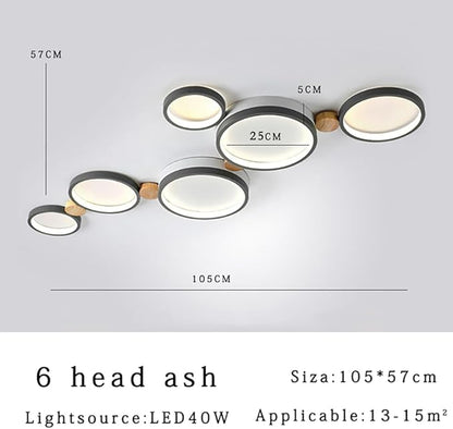 6-Lights LED Ceiling Light Fixture,Modern 42 Inch Ceiling Lights Flush Mount Wooden 40W Dimmable Chandelier for Living Room Bedroom Kitchen,3000K/4000K/6000K Temperatures Selectable Grey