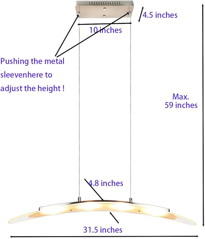 LED Pendant Light Chandelier Streamlined Cambered Glass Hanging Lamp 31.5“ 18W Warm Colored Height Adjustable for Kitchen Island Dining Study Room Restaurant Housewarming, Satin Nickel.