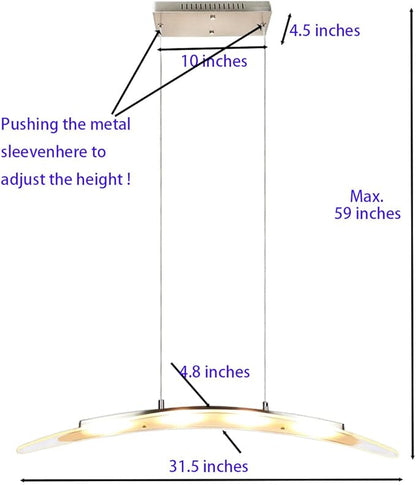 LED Pendant Light Chandelier Streamlined Cambered Glass Hanging Lamp 31.5“ 18W Warm Colored Height Adjustable for Kitchen Island Dining Study Room Restaurant Housewarming, Satin Nickel.