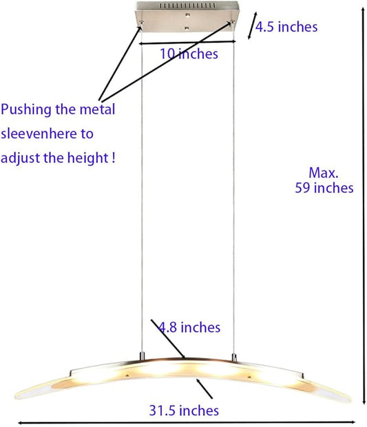 LED Pendant Light Chandelier Streamlined Cambered Glass Hanging Lamp 31.5“ 18W Warm Colored Height Adjustable for Kitchen Island Dining Study Room Restaurant Housewarming, Satin Nickel.