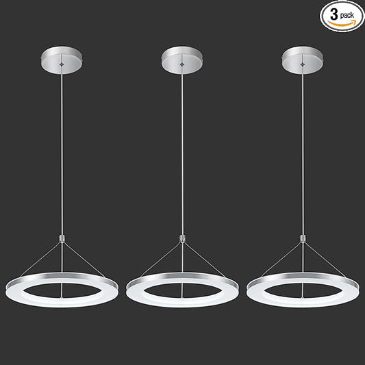 CHYING 3 Pack LED Modern Pendant Lights Kitchen Island, 11.8" 15W Cool White Ring Chandelier, Adjustable Height Silver Hanging Pendant Ceiling Light for Dining Room Bedroom Hallway Entryway, 6500K