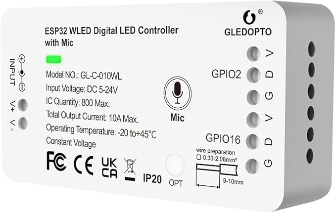 GLEDOPTO ESP32 WLED LED Controller with Mic Microphone DIY Lighting Music Dynamic Modes for WS2811 WS2812 SK6812 TM1814 WS2813 WS2815 Addressable FCOB LED Strip Lights