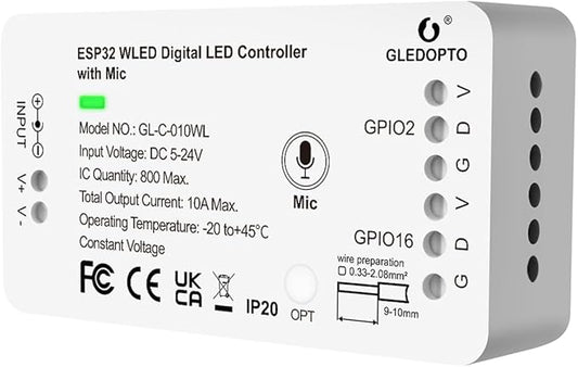 GLEDOPTO ESP32 WLED LED Controller with Mic Microphone DIY Lighting Music Dynamic Modes for WS2811 WS2812 SK6812 TM1814 WS2813 WS2815 Addressable FCOB LED Strip Lights