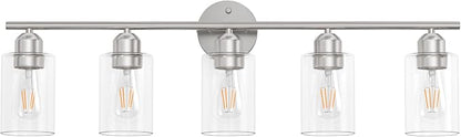 Bathroom Vanity Light Fixtures Brushed Nickel Bathroom Lighting Fixture, 5 Lights Bathroom Light Fixture Over Mirror, Modern Black Vanity Light, Wall Sconces with Glass Shades