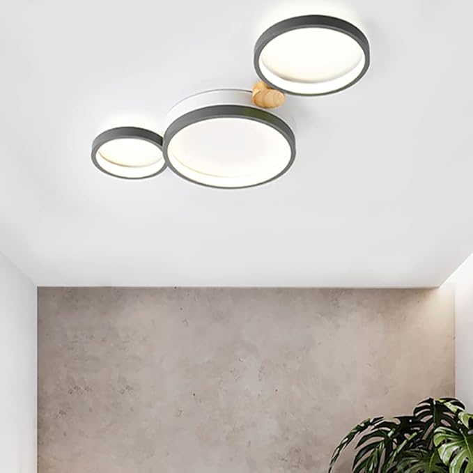3-Lights LED Ceiling Light Fixture,22 Inch Modern Ceiling Lights Flush Mount Wooden 20W Dimmable Chandelier for Living Room Bedroom Kitchen,3000K/4000K/6000K Temperatures Selectable Grey