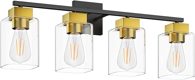 4 Light Bathroom Vanity Light - Black and Brushed Gold Bathroom Light Fixtures UL Certification, Square Light Fixture Over Mirror, Farmhouse Light Fixtures for Bathroom & Bedroom