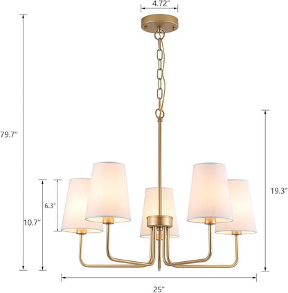 AMZASA Farmhouse Chandelier, 5-Lights Visual Comfort Gold Light, Muted Gold with White Fabric Shade, Linear Island Lighting Fixture for Kitchen, Dining Room