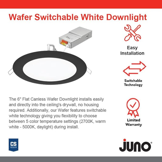 Juno LED Recessed Lights 6 Inch Round Wafer Downlight, 5-in-1 Switchable White Color Temperature, 120 Volts, 6-Inch Ultra-Thin Flat Trim, Matte Black, 6-Pack (WF6 SWW5 90CRI CP6 MB M2)