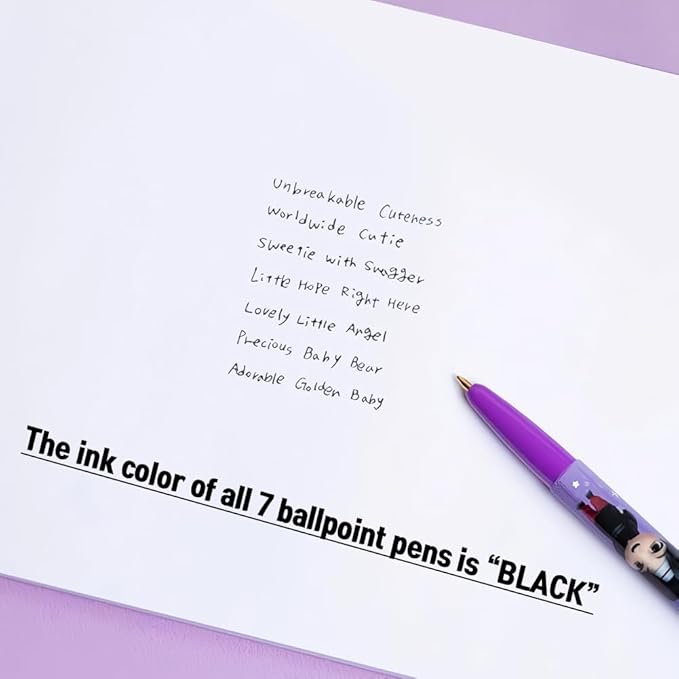 TinyTAN BTS Merchandise Official Licensed Kpop Merch Character Ballpoint Pen Black, 0.5mm, (1 Pack of 7 Pens) (MIC Drop Ver.)