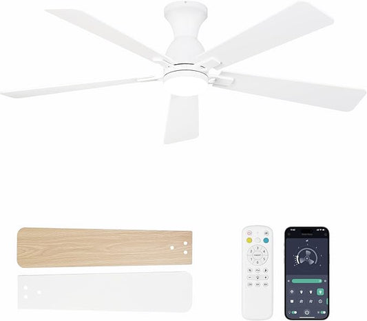 Ceiling Fans with Lights, 60 Inch Low Profile Ceiling Fan with Light and Remote Control, Flush Mount, Reversible, 3CCT, Dimmable LED, Quiet, White Ceiling Fan for Bedroom, Living Room