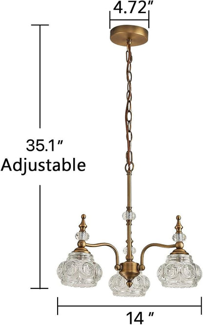 Vintage Pendant Light Fixture, Modern 3 Lights Brass Glass Pendant Lighting Matte Brushed Antique Chandelier Brass Finish with Crystal Glass Shade Vintage Chandeliers for Kitchen Island