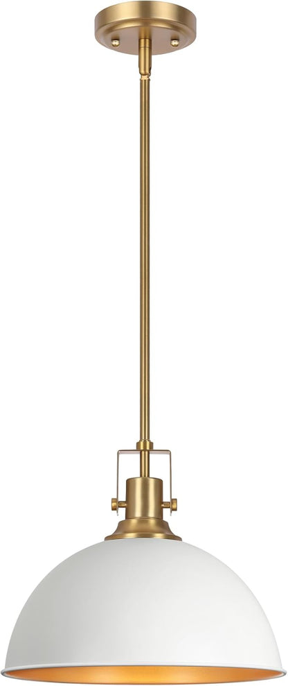 LamQee 13 Inch White and Gold Metal Pendant Light Kitchen Island, Farmhouse Modern Dome Pendant Light Fixtures Ceiling Hanging Lighting Chandelier for Dining Room Over Table, Bar, Hallway, Entryway