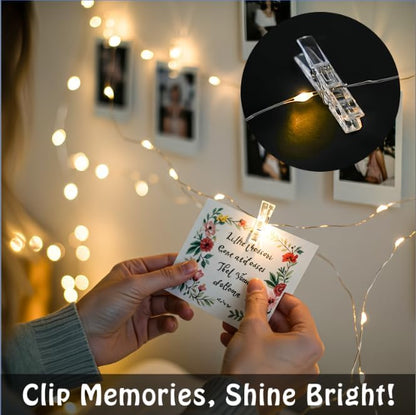 suddus 16ft 50 LED Fairy Lights with Clips for Pictures, Photo Lights with Remote USB Powered & Battery Operated with 22 Clear Clips, String Lights for Party, Bedroom, Decoration, Warm White