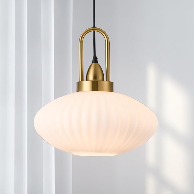 12 Inch Milk Glass Pendant Lights Vintage Chandelier Pendant Lighting Modern Mid Century Hanging Lights Adjustable Kitchen Island Light for Dining Room Bedroom Hallway
