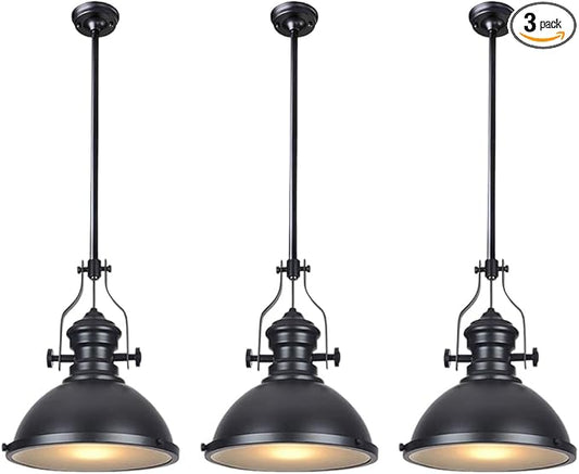 12 Inch Industrial Pendant Light with Diffuser, Vintage Hanging Fixture for Kitchen Island, Dining Room, Farmhouse, Bar, Cafe, Dimmable Rustic Ceiling Lamp (Black, 3 Pack)
