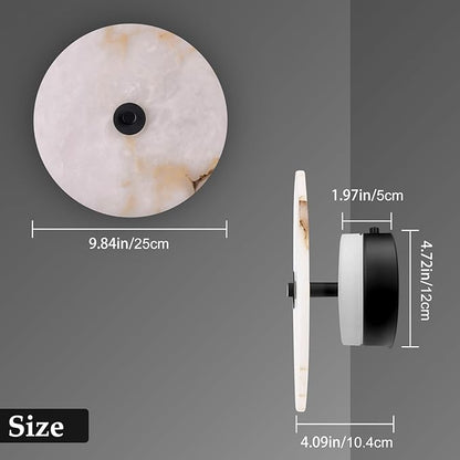 Round Alabaster Wall Sconce Natural Marble Sconces Set of Two, 3 CCT Adjustable Wall Lamp Decor Home, 8W Hardwired Circular Wall Lights for Bedroom, Stairs, Living Room, Bedside, Hallway (Black)