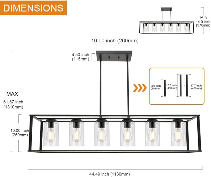 6-Light Chandeliers Black Finished Farmhouse Dining Room Lighting Fixtures Hanging Industrial Modern Kitchen Island Pendant Lighting with Clear Glass Ceiling Lights for Restaurant Bar Hotel