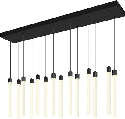 Modern Rectangular Crystal Chandelier for Dining Room LED Dimmable Pendant Light Kitchen Island Entrance Foyer Living Room Adjustable Height 14-Lights Black