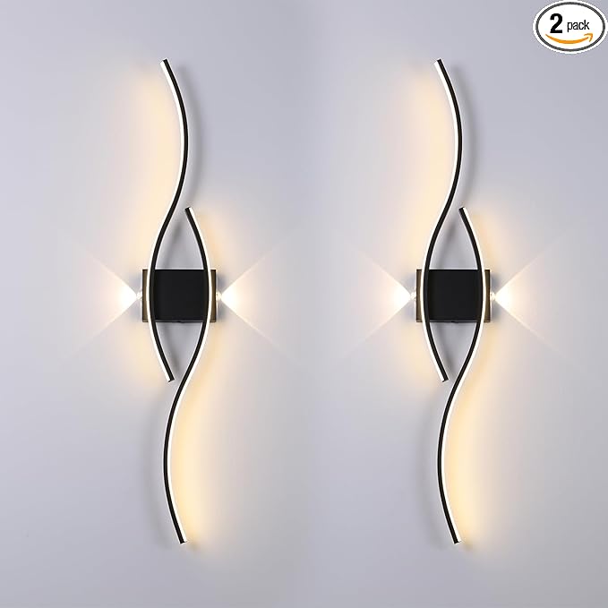 Modern Wall Sconce Set of Two, Dimmable Wall Sconces Lighting with Remote Control, Big Size LED Black Wall Light for Living Room Bedroom Hallway