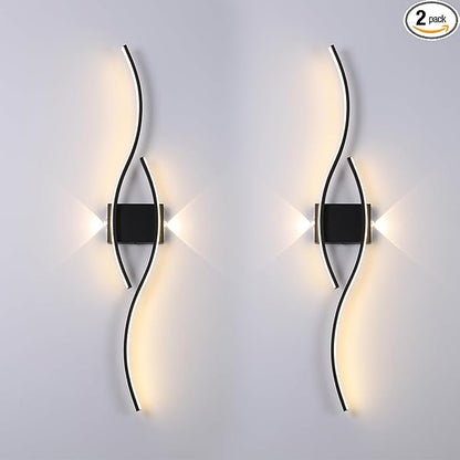 Modern Wall Sconce Set of Two, Dimmable Wall Sconces Lighting with Remote Control, Big Size LED Black Wall Light for Living Room Bedroom Hallway