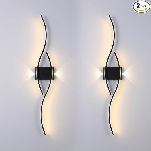 Modern Wall Sconce Set of Two, Dimmable Wall Sconces Lighting with Remote Control, Big Size LED Black Wall Light for Living Room Bedroom Hallway
