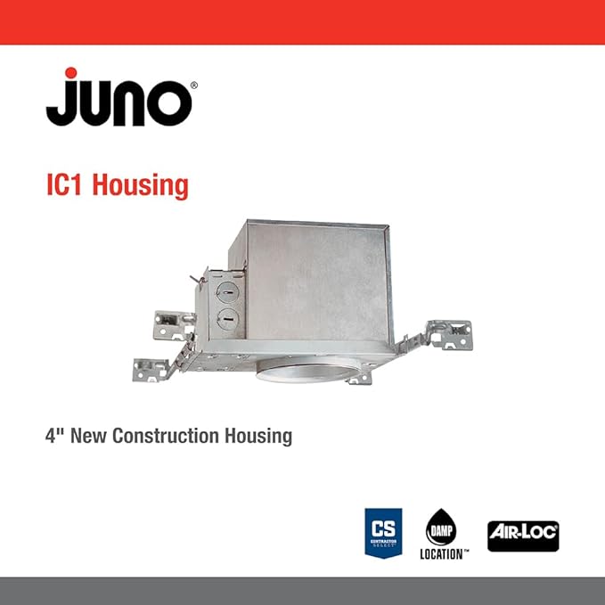Juno 4 Inch Incandescent Ceiling Light Housing for New Construction, IC Rated Recessed Light with Adjustable Bar Hangers and E26 Socket, Damp Location UL Listed Can Lighting