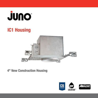Juno 4 Inch Incandescent Ceiling Light Housing for New Construction, IC Rated Recessed Light with Adjustable Bar Hangers and E26 Socket, Damp Location UL Listed Can Lighting