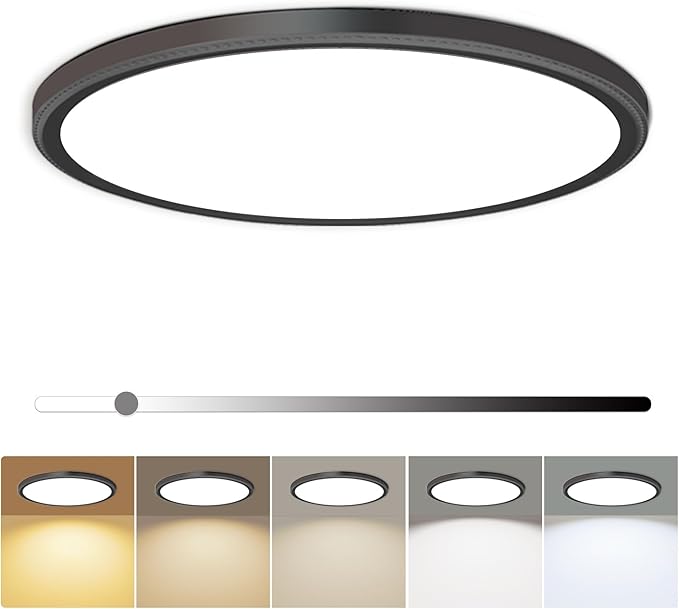 hunhun 12 Inch LED Flush Mount Ceiling Light Fixture 28W 3200LM Dimmable 5 Color Temperature in One Super Slim Round Ceiling Lamp Low Profile Ceiling Lights for Living Bedroom Kitchen Laundry Black