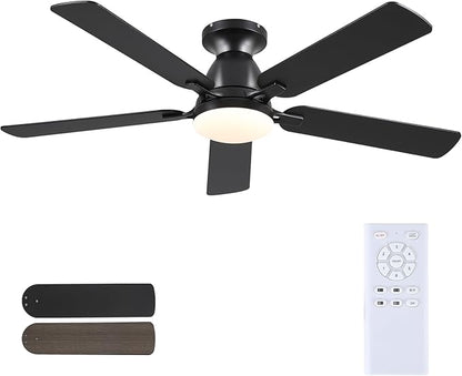 Mpayel 52 Inch Ceiling Fans with Lights and Remote, Black Ceiling Fan with Light Flush Mount, Low Noise, Reversible, Dimmable, Modern Low Profile Ceiling Fan with Light for Bedroom Indoor Outdoor